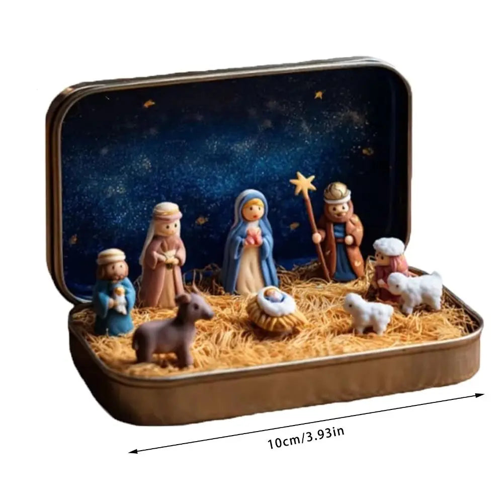 PVC Christmas Nativity Set Mini Size Horse Trough Design Nativity Figurine Set Tin Box Packaging Miniature Scene Figurine