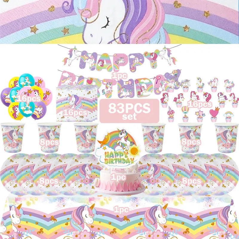 Unicorn Girls Birthday Decoration Party Supplies Unicorn Theme Tableware Set Cup Plate Balloon Banner Gift  for Kids Party Favor