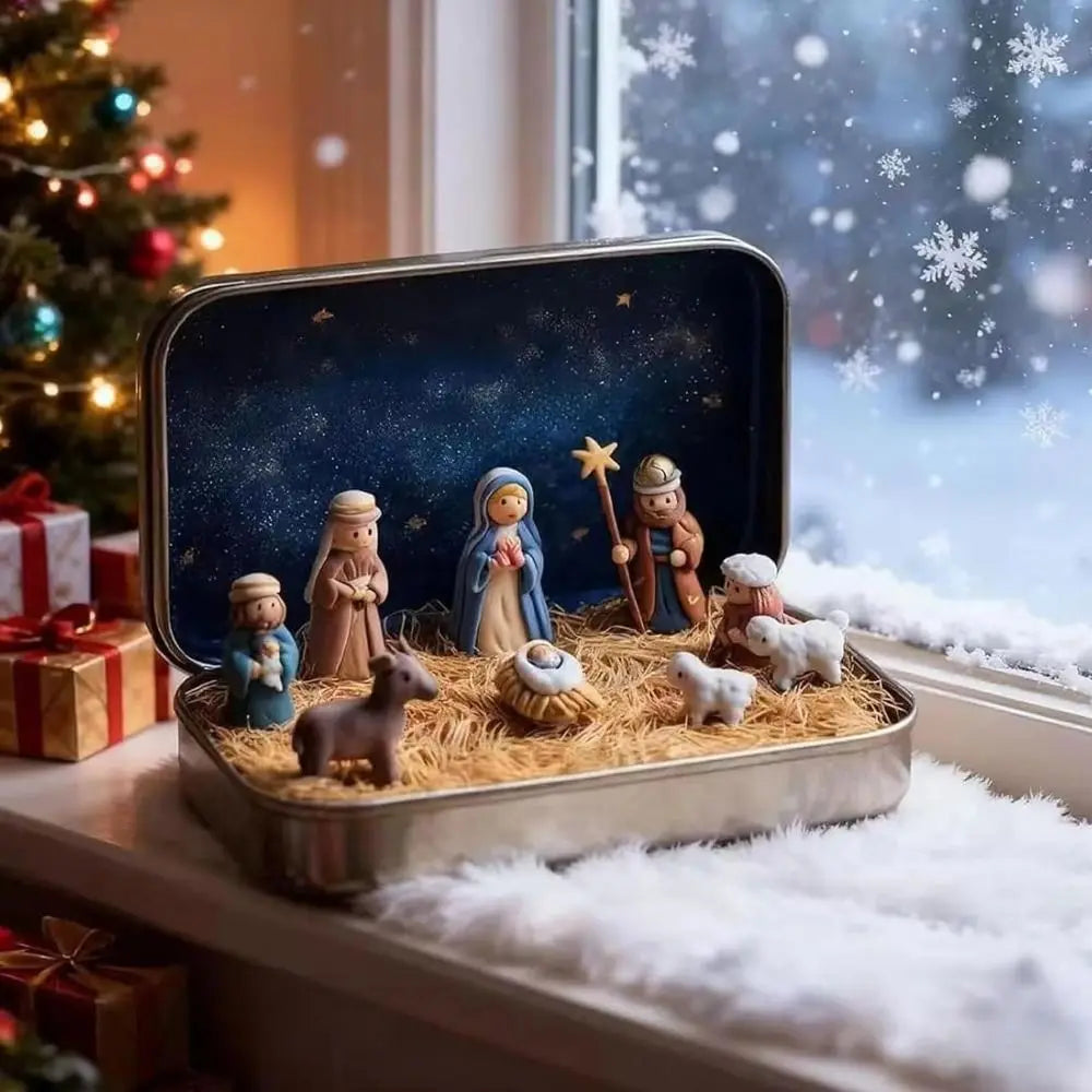 PVC Christmas Nativity Set Mini Size Horse Trough Design Nativity Figurine Set Tin Box Packaging Miniature Scene Figurine