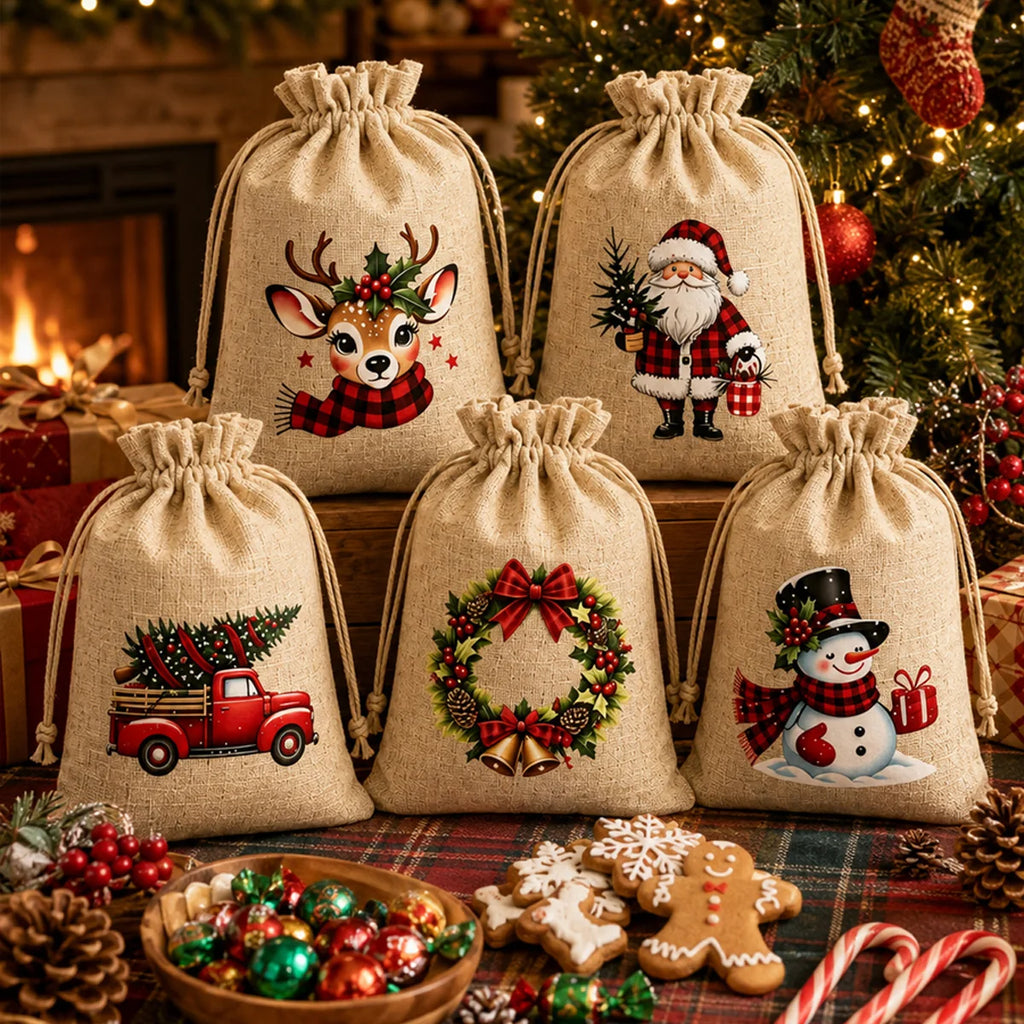 5/20/50PCS Reusable Christmas Drawstring Pouches 5 Festive Linen Look Bags for Candy, Cookies Gift Wrapping and Party Favors Gif