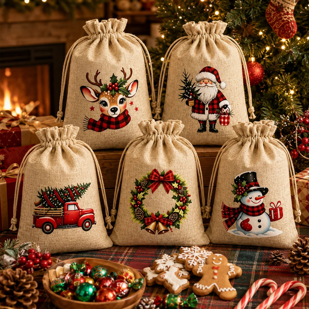 5/20/50PCS Reusable Christmas Drawstring Pouches 5 Festive Linen Look Bags for Candy, Cookies Gift Wrapping and Party Favors Gif
