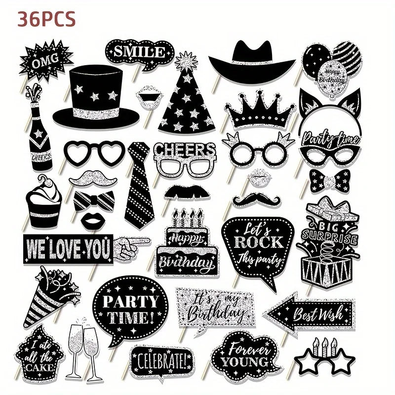 36pcs of Birthday Photo Booth Props Happy Birthday Props, Birthday Party Photo Decoration Props Set, Decoration Party