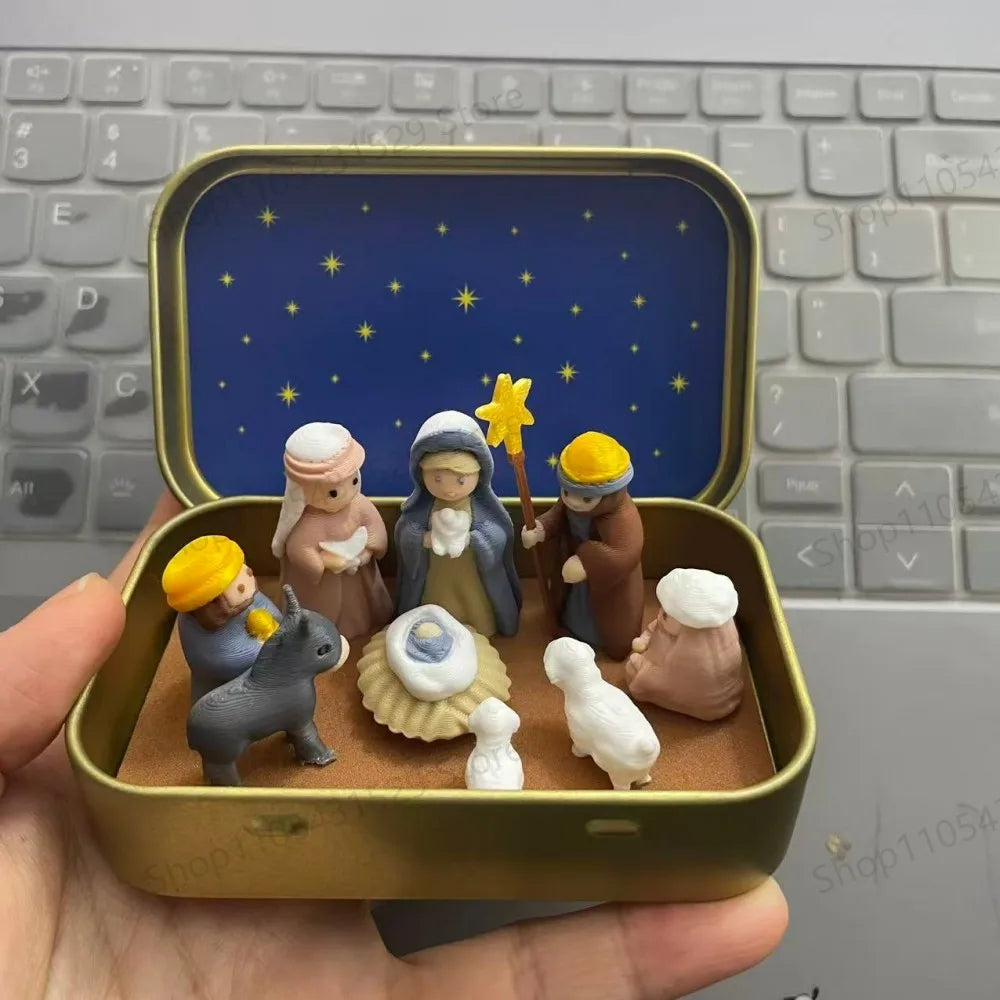 Christmas Nativity Scene Figurines in Metal Tin Box Mini Jesus Birth Set Religious Xmas Gift for Home Table Decor