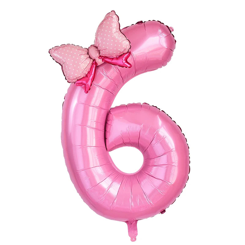1Pc Large 40inch Number Pink Foil Balloon With Bow 1 2 3 4 5 6 7 8 9 For Kid Boys Girls Birthday Party Baby Shower Decorations