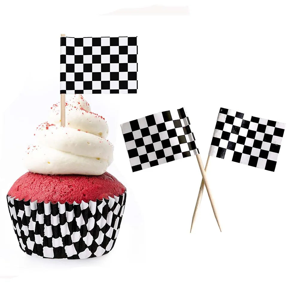 Wheel Racing Car Party Cake Decor Tire Cupcake Topper Mini Checkered Racing Flag Cupcake Toppers Racing Theme Party Supplies