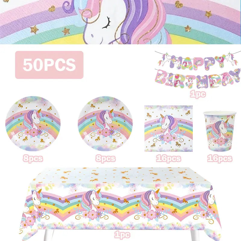 Unicorn Girls Birthday Decoration Party Supplies Unicorn Theme Tableware Set Cup Plate Balloon Banner Gift  for Kids Party Favor
