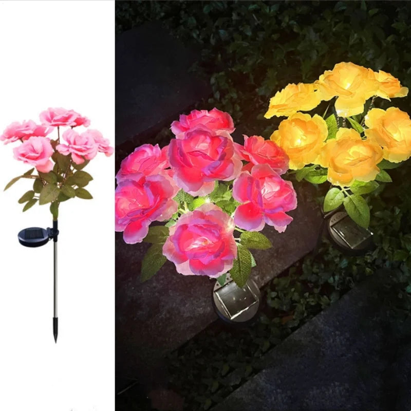 7-Head Solar-Powered LED Rose Lights Flower Garden Decor Outdoor Pathways Landscaping Light Lawn Decorative Atmosphere Lights
