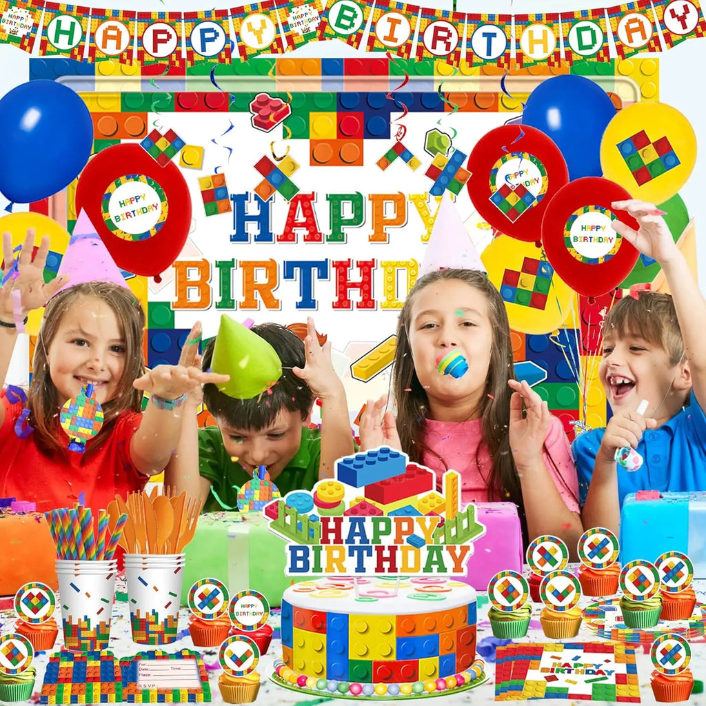 Kids Building Blocks Birthday Party Decoration Colorful Building Block Theme Party Supplies Kit Plates Cups Napkins Straw Ballon
