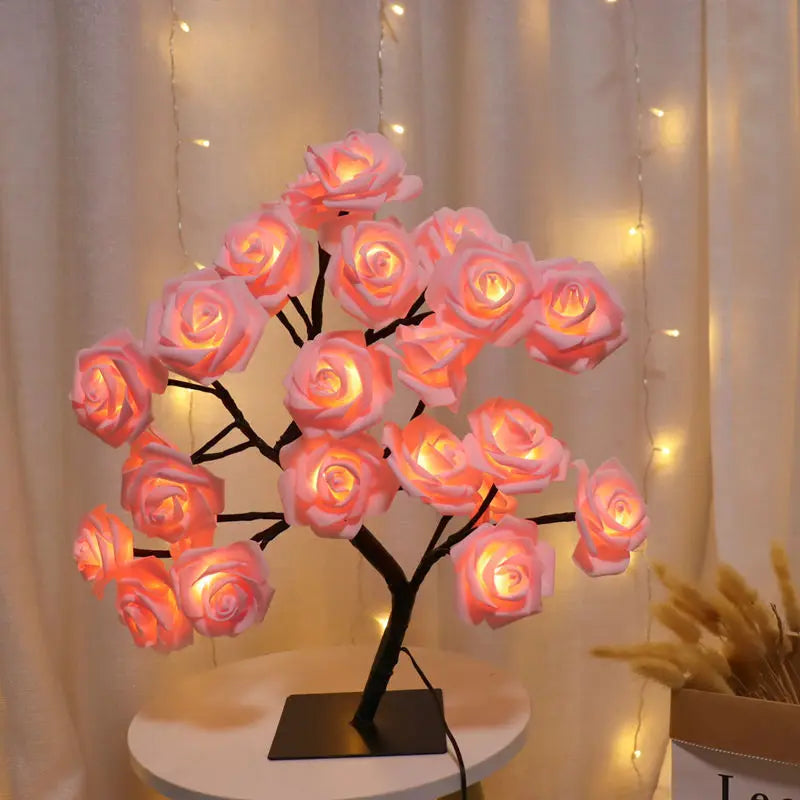 24 LED Red Rose Tree Lights Table Lamp Fairy Flower Night Light for Home Party Christmas Wedding Bedroom Decoration Gift