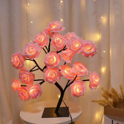 24 LED Red Rose Tree Lights Table Lamp Fairy Flower Night Light for Home Party Christmas Wedding Bedroom Decoration Gift