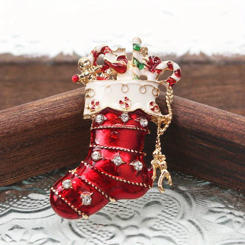 Fashion Cartoon Creative Rhinestone Dripping Oil Christmas Christmas Stocking Brooch Filled with Gifts